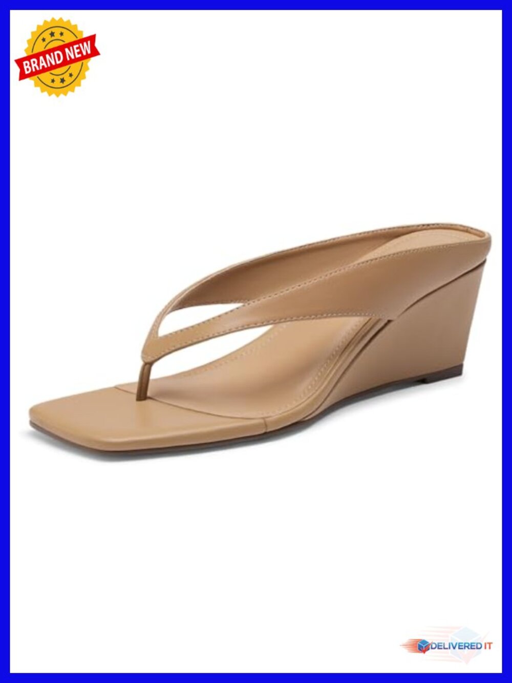 Womens Low Wedge Sandals Square Open Toe Thong Heeled Flip Flops Faux Leather